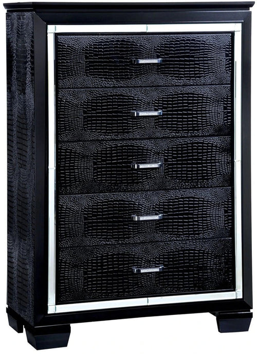 1Pc Chest Crocodile Texture Contemporary Style Diamond Crusted Handle English Dovetail Five Drawers 3Mm Mirror Black Finish