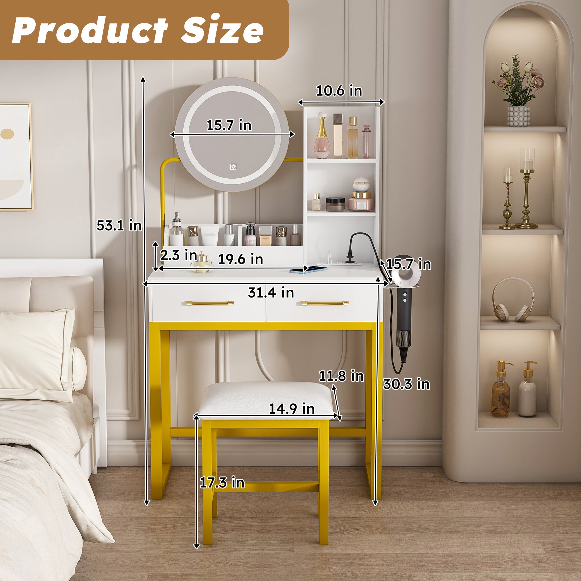 Makeup Vanity With Led Lights&3 Color And Power Outlet Makeup Vanity Table With 2 Big Drawers With Sturdy Metal Leg And Metal Chair Dressing Table For Bedroom Dressing Room White