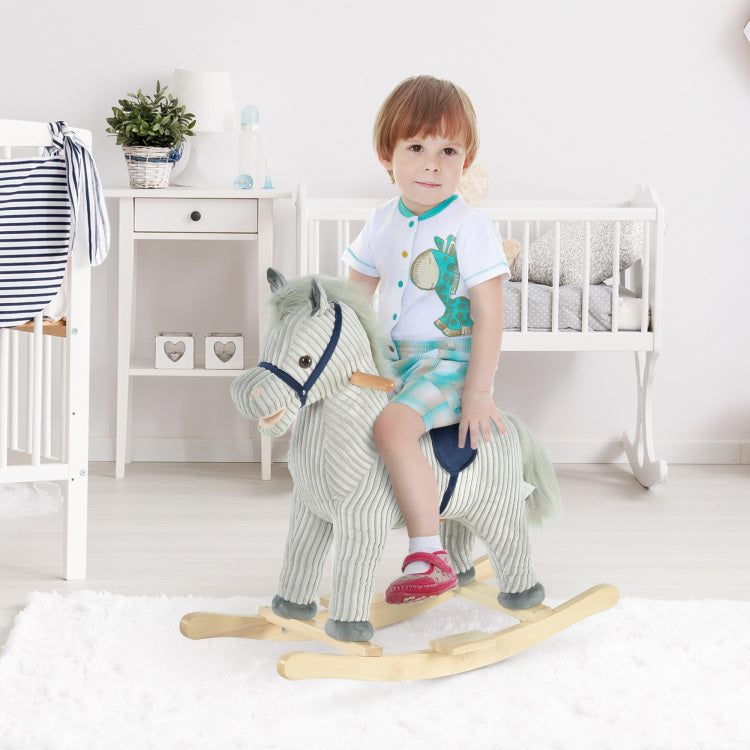 Qaba Kids Rocking Horse For Toddler 3 5, Plush Ride On Horse Wooden Rocker With Realistic Sounds, Gray