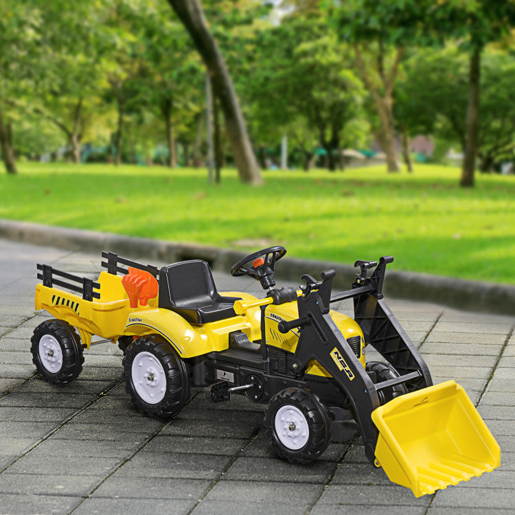 Aosom Kids Ride On Excavator, Pedal Car Bulldozer, Move Forward Back With Real Working Dirt Bucket, 6 Wheels, & Cargo Trailer