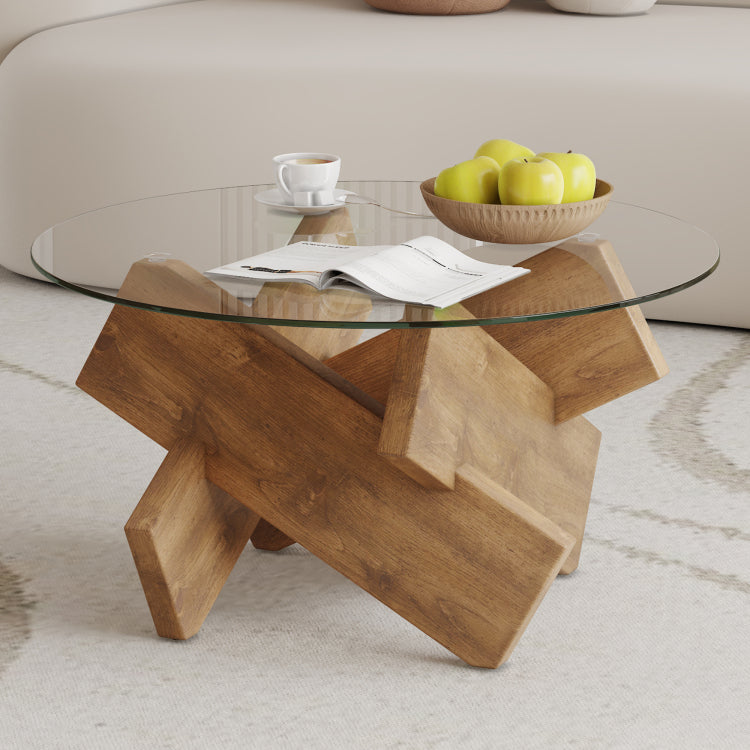 Circular Glass Coffee Table, 33.4 Inch Modern And Distinctive Design Tea Table. Tempered Glass Countertop, Wood Colored Mdf Table Legs. Suitable For Living Rooms And Farmhouses