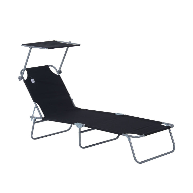 Outsunny Outdoor Lounge Chair, Adjustable Folding Chaise Lounge, Tanning Chair With Sun Shade For Beach, Camping, Hiking, Backyard, Black