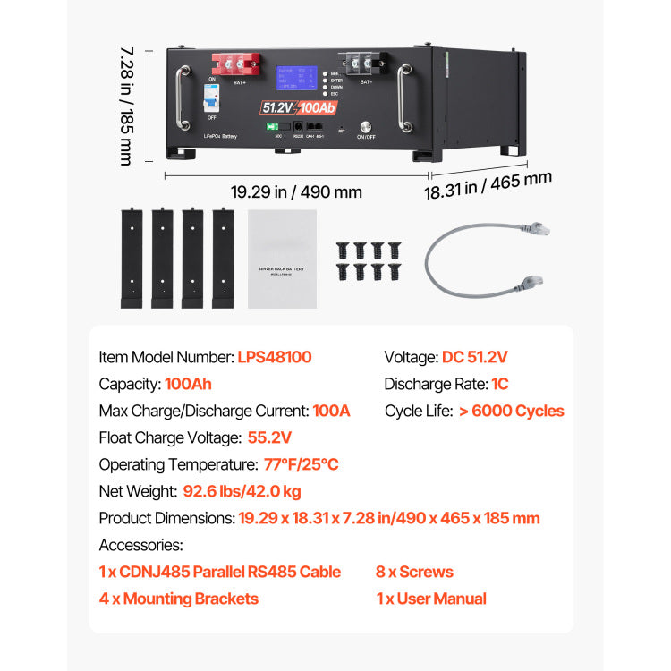 48V 100Ah Lifepo4 Lithium Battery, Built In 100A Bms, 51.2V Server Rack Lifepo4 Battery With Bluetooth, 5.12Kwh Capacity, Max 6000 Cycles, Lcd Display, For Off Grid, Solar System, Backup Power