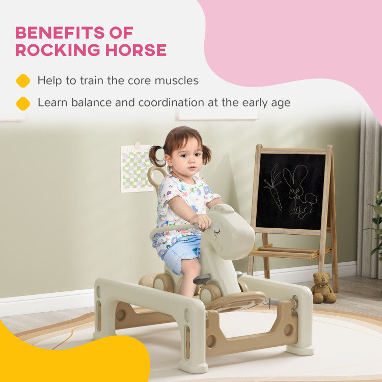 Qaba 5 In 1 Rocking Horse For Toddlers Years 1 6, Kids Spring Ride On Horse Balance Bike With Detachable Balance Board, Push Handle & Footrest For Baby Boys And Girls, Cream White
