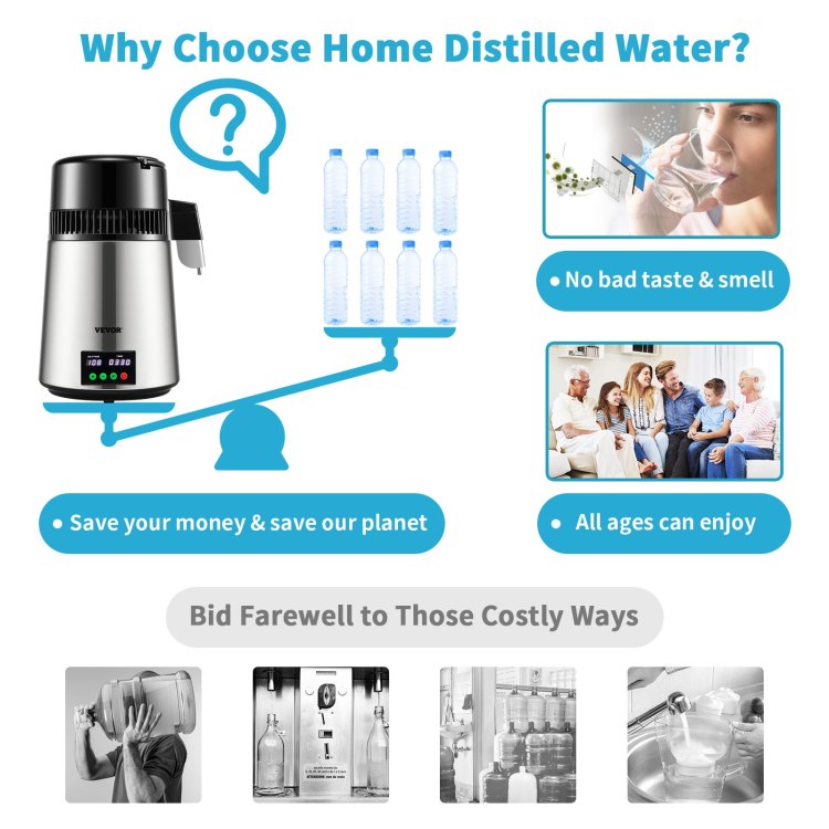 1.1 Gal Water Distiller, 0.3 Gal H, 750W Distilled Water Maker Machine 0 99H Timing Set Temp Display, 304 Stainless Steel Countertop Distiller Glass Carafe Cleaning Powder 3 Carbon Packs, Silver