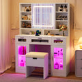 41.3" Makeup Vanity With Sliding Mirror And Led Lights, Dressing Table With Storage Stool, 3 Drawers And 2 Rgb Cabinets, Vanity Desk With Open Shelves And Charging Station, White