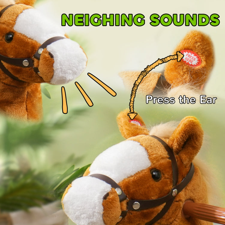 Qaba Ride On Horse, Walking Horse Toy, Kids Plush Riding Horse, Pony With Wheels & Neighing Sound For 3 5 Years Old Up To 132 Pounds, Brown