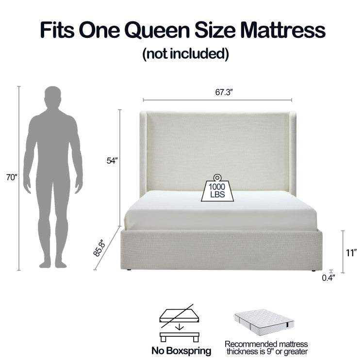 Carmen Upholstered Wingback Bed Upholstered Platform Bed Frame 54" High Headboard Simplicity Minimalist No Box Spring Needed Easy Assembly Queen Textured Ivory Canvas No Noise