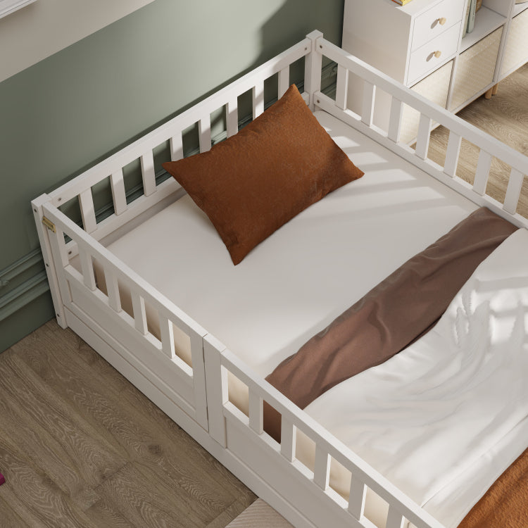 Twin Size Floor Bed, Integral Construction With Super High Security Barrier, Door, Children'S Floor Bed Frame, Montessori Wooden Children'S Floor Bed, White Patented Model