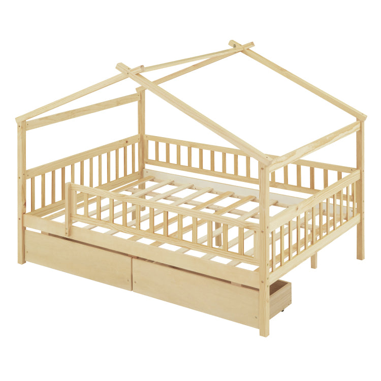 Full Size Wooden House Bed With Two Drawers, Natural