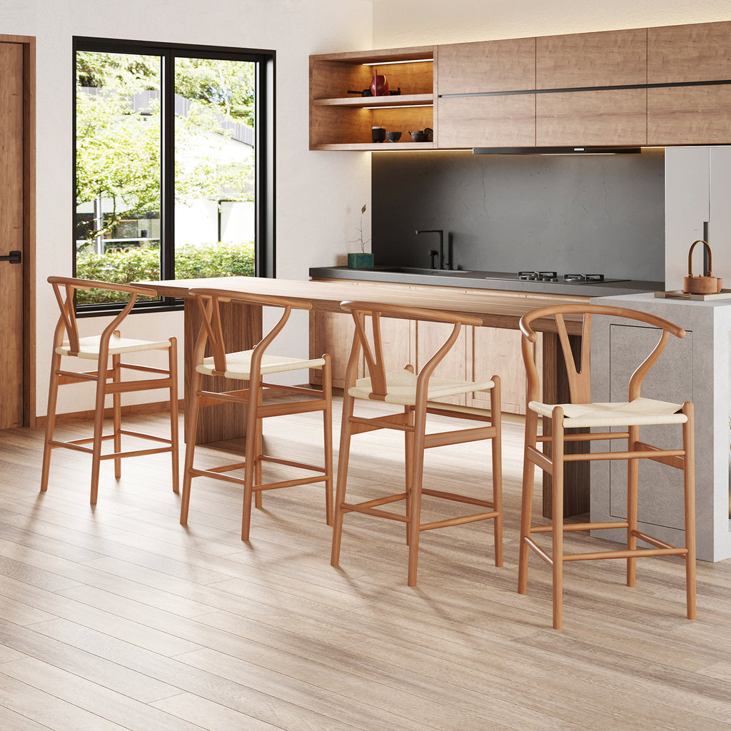 Wishbone Barstool,Weave Counter Height Bar Stools, Fully Assembled Rattan Bar Chairs For Kitchen Island,1Pc,Walnut