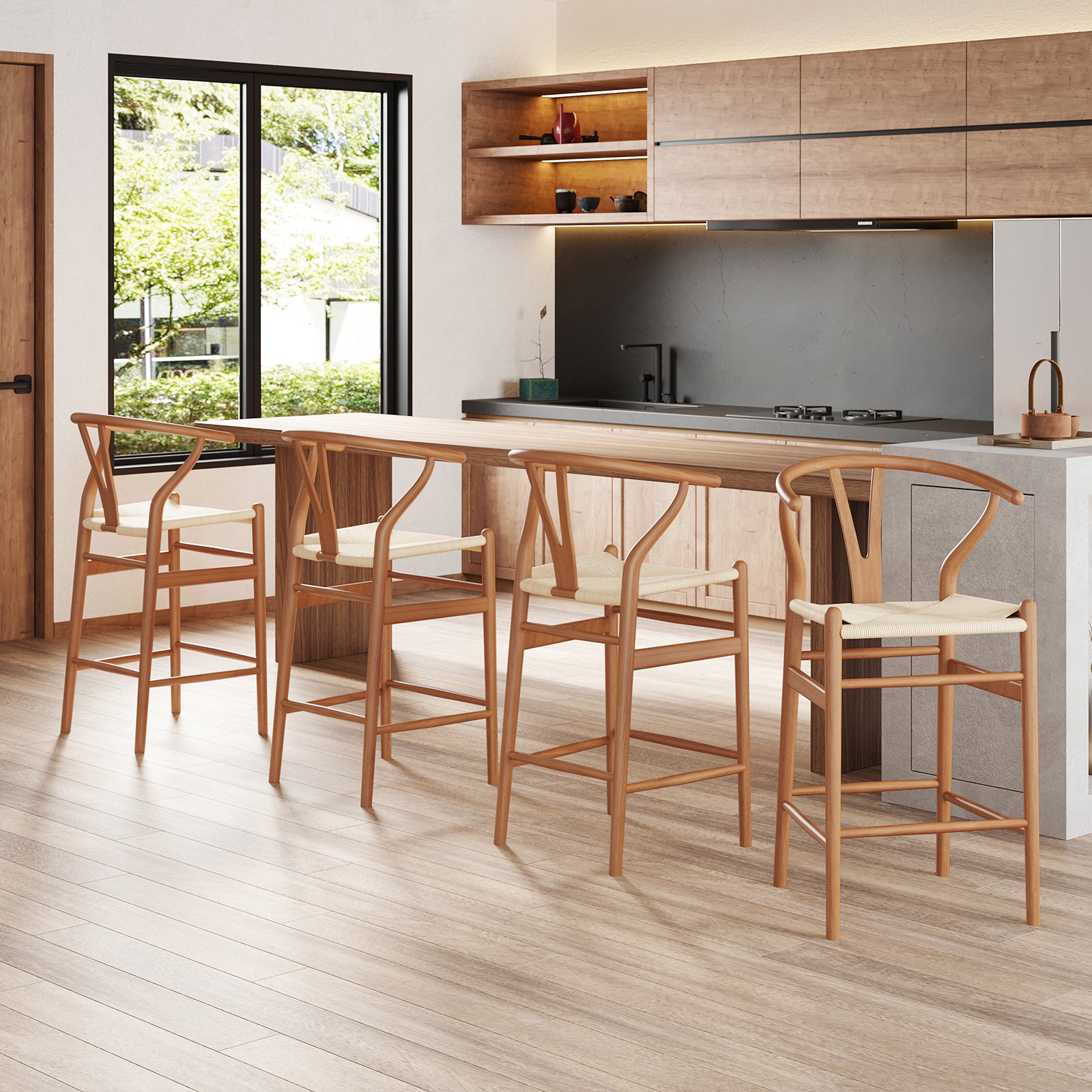 Wishbone Barstool,Weave Counter Height Bar Stools, Fully Assembled Rattan Bar Chairs For Kitchen Island,1Pc,Walnut