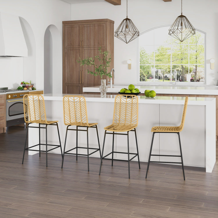 Homcom Rattan Bar Stools Set Of 4, 26" Counter Height Barstools, Boho Kitchen Island Stools With Wicker Seat And Back, Yellow