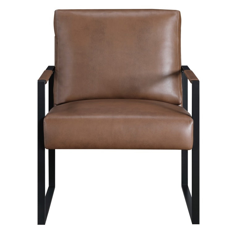 Mackie Accent Armchair, Dark Brown Faux Leather, Black Metal Frame