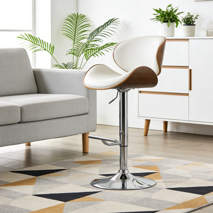 Modern Contemporary Swivel Walnut Bentwood Lift Adjustable Height Bar Stool With Curved Seat And Back White