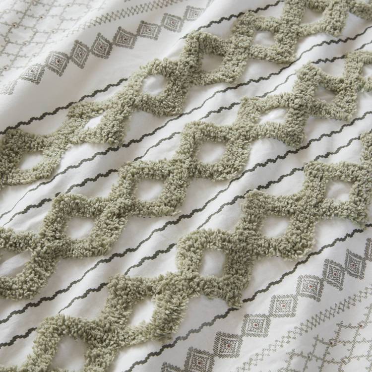 3 Pcs Full Queen Cotton Printed Comforter Set With Chenille Sage Ivory