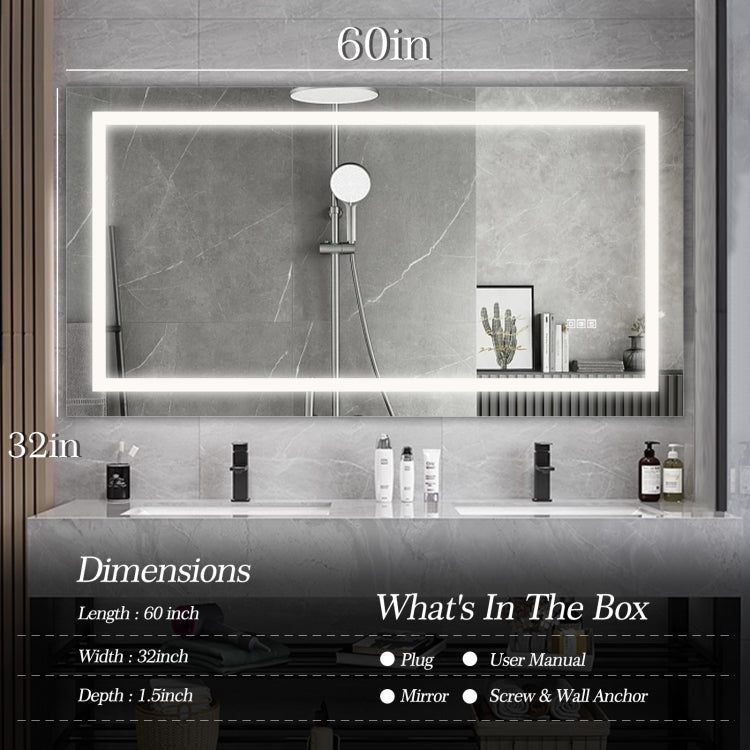60" X 32" Led Bathroom Mirror With Anti Fog And Touch Sensor Modern Frameless Lighted Wall Mirror For Bathroom Vanity, Shower Room, Or Dressing Area