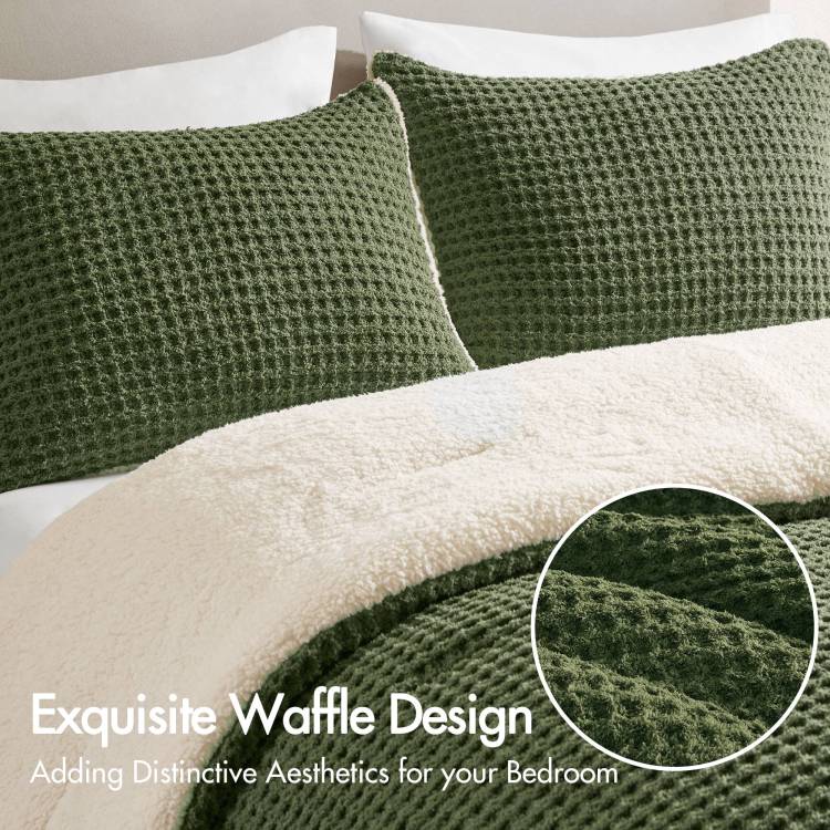 3 Pieces King Cal King Waffle Knit Chenille Comforter Set,Olive