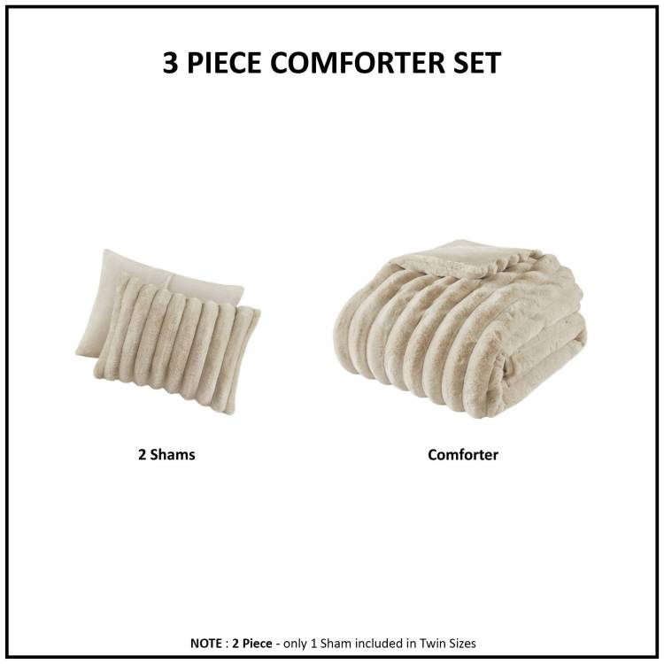 3 Pcs King Soft Faux Fur Ribbed Comforter Set Taupe