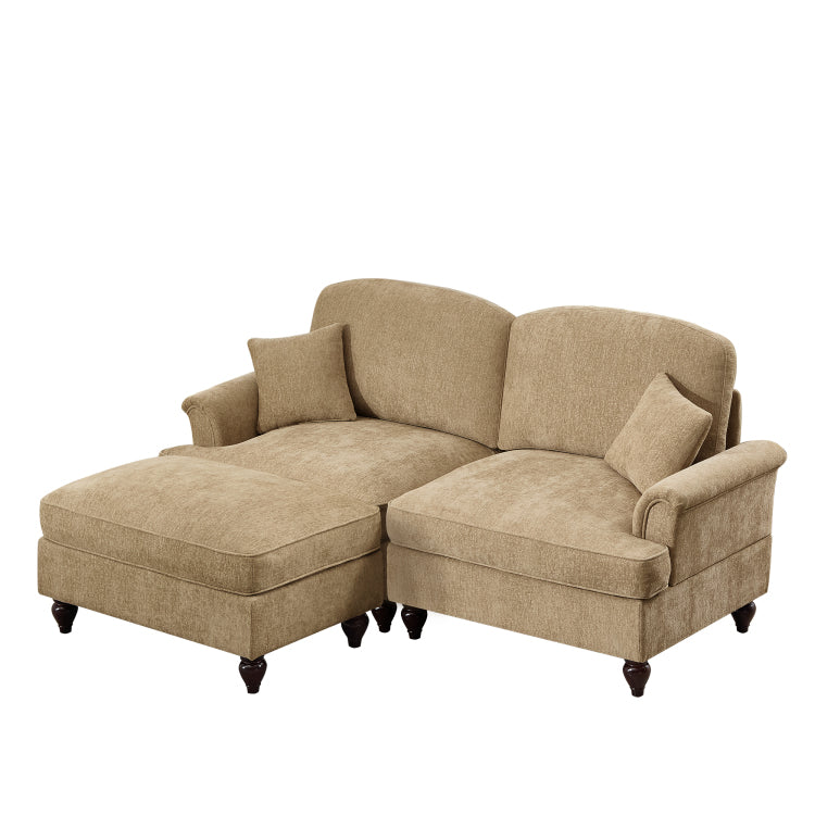 Elegant Mid Century Large Two Seater Modular L Shaped Sofa Couch With Flared Arms And Removable Ruffles Pleats Skirts And Spindle Legs, Comfy Chenille Loveseat Sofa With Movable Ottoman,Light Coffee