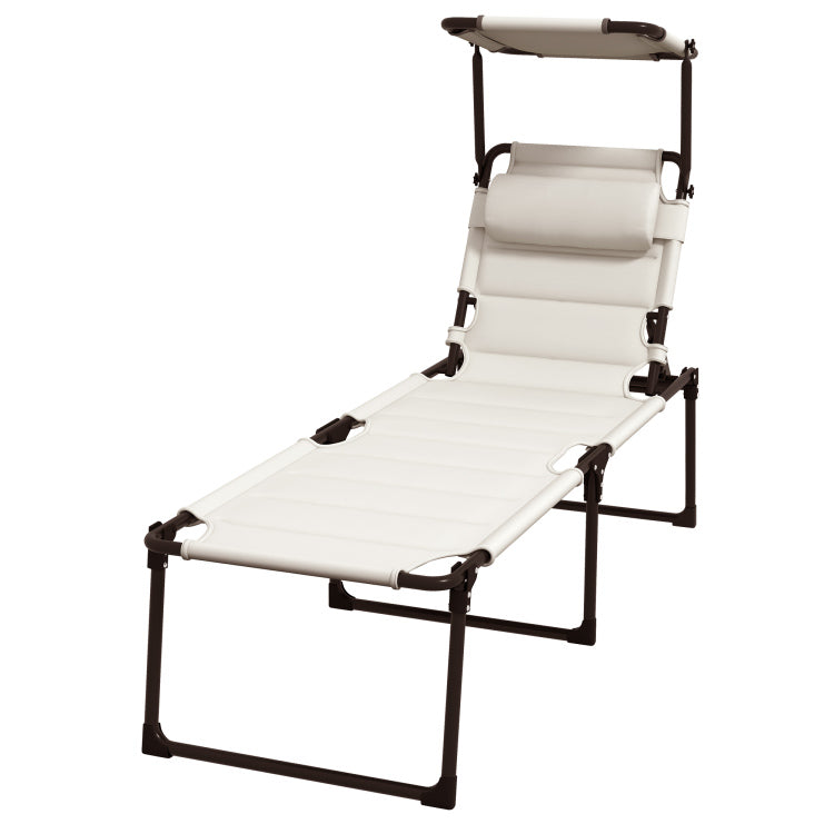 Outsunny Outdoor Lounge Chair, Adjustable Backrest Folding Chaise Lounge, Cushioned Tanning Chair W Sunshade Roof & Pillow Headrest For Beach, Camping, Hiking, Cream White