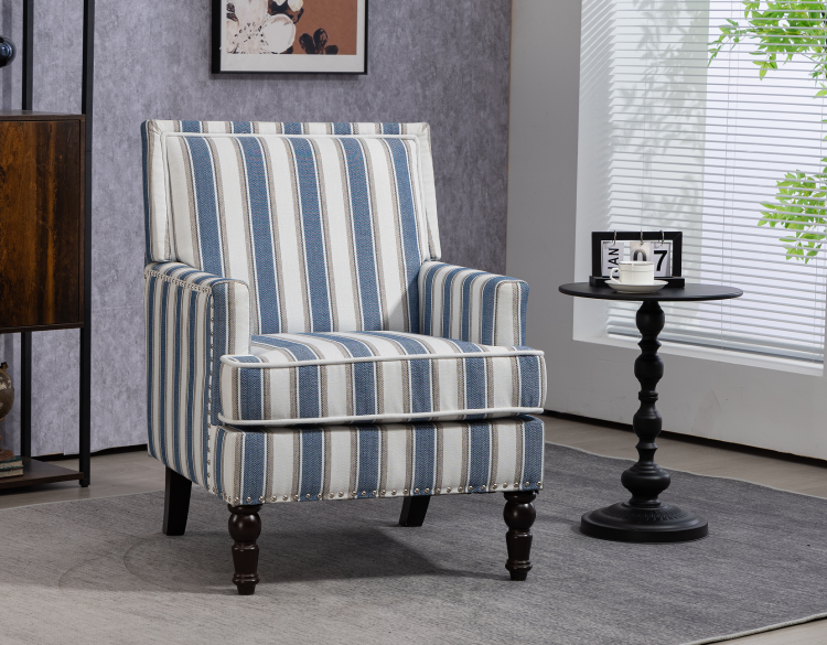 Upholstered Accent Chair, Vintage Armchair With Blue And White Striped Linen Fabric And Nailhead Trim For Living Room