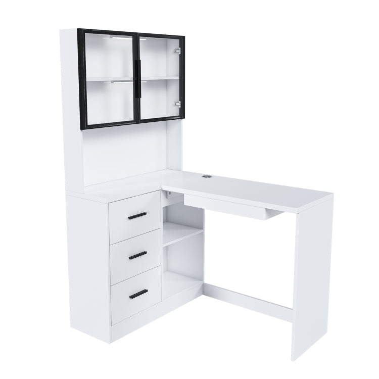 Computer Desk With Glass Cabinets & Built In Led Lights, Corner L Shaped Office Desk With Usb Charging Ports, Keyboard Tray, Ergonomic Design For Home And Corporate Workspaces White