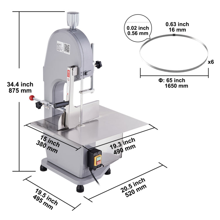 Commercial Electric Meat Bandsaw, 1500W Stainless Steel Countertop Bone Sawing Machine, Workbeach 19.3" X 15", 0.16 7.9 Inch Cutting Thickness, Frozen Meat Cutter With 6 Blades For Rib Pork Beef
