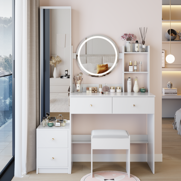 Full Body Mirror Cabinet Round Mirror Led Vanity Table Cushioned Stool, 17" Diameter Led Mirror, Touch Control, 3 Color, Brightness Adjustable, Large Desktop, Multi Layer High Capacity Storage