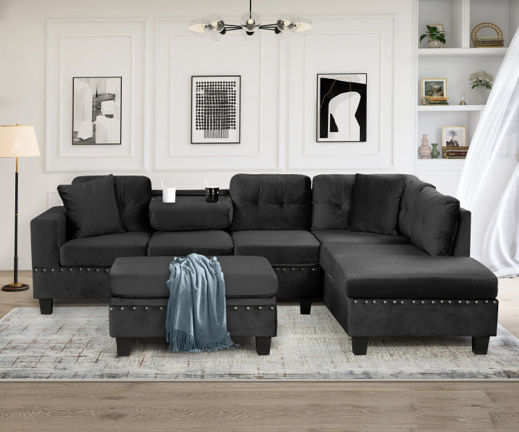 105" Modern Sectional Sofa With Storage Ottoman, L Shape Couch With 2 Pillows And Cup Holders,Sectional Sofa With Reversible Chaise For Living Room, Black