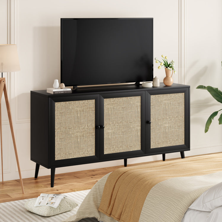 Sideboard Buffet Cabinet With 3 Rattan Doors,Modern Kitchen Storage Console Cabinet For Entryway Living Room Large,Black