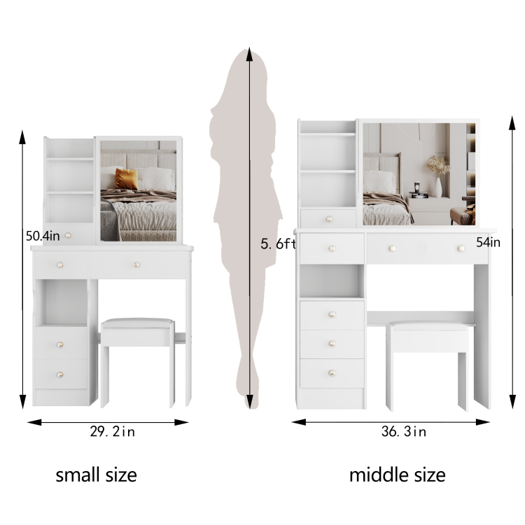 29.2" Small Size Left Drawer Desktop Vanity Table Cushioned Stool, Extra Large Right Sliding Mirror, Multi Layer High Capacity Storage, Practical Fashionable Dresser, Suitable For Small Space