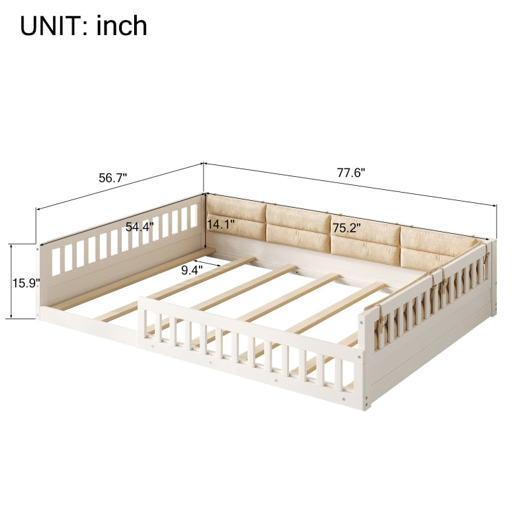 Wood Full Size Upholstered Platform Bed With Guardrail And Pillow, Beige