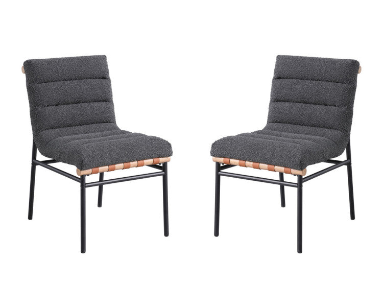 Liana Dark Gray Boucle Fabric Set Of 2 Dining Chair With Black Iron Legs