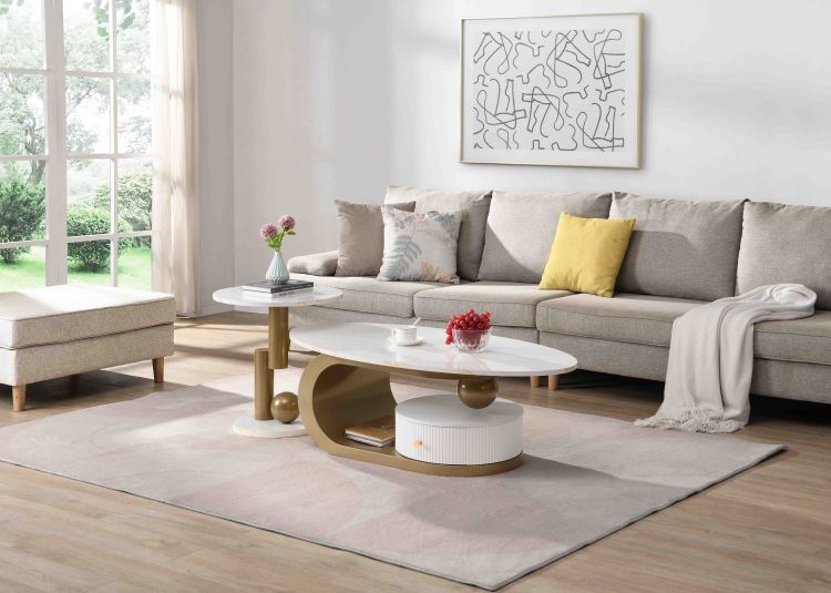 Modern Nesting Golden Coffee Table Set Of 2 End Table For Living Room, Oval And Round Table Set