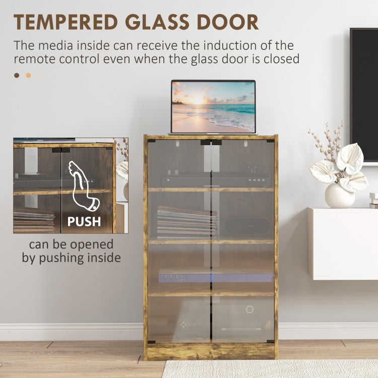 Homcom Media Cabinet, 4 Tier Stereo Cabinet, Modern Audio Video Media Stand With Adjustable Shelves, Tempered Glass Doors, And Cable Management, Rustic Brown