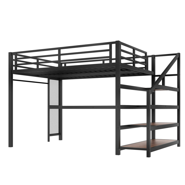 Queen Loft Bed With Desk And Storage Stairs, Metal Loft Beds With Led Lights, Usb Ports, Multifunctional Iron Nets, No Spring Box Needed And Noise Free, Black