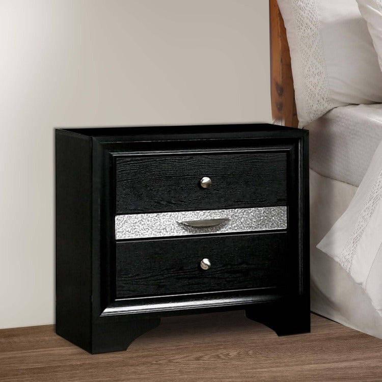 Nightstand With Silver Trim Accent And 1 Jewelry Drawer, Black
