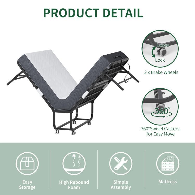 75" X 38" Inch Extra Long Folding Bed For Tall People, Heavy Duty 450Lbs Capacity Rollaway Guest Bed With 5" Memory Foam Mattress, Portable Space Saving Twin Size Bed