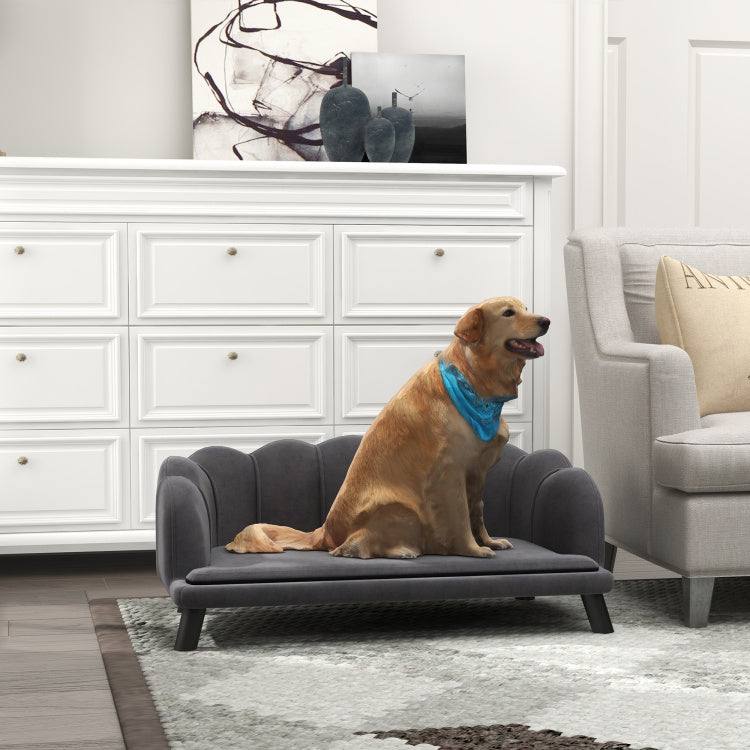 Pawhut Velvet Large Dog Couch With Foam Cushioning, Soft And Cute Dog Bed With Pearl Design, Dog Sofa For Big And Medium Dogs, Charcoal Gray