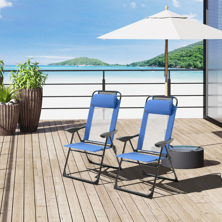 Outsunny Folding Patio Chairs Set Of 2, Outdoor Deck Chair With Adjustable Sling Back, Camping Chair With Removable Headrest For Garden, Backyard, Lawn, Blue