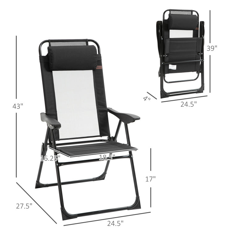 Outsunny Folding Patio Chairs Set Of 2, Outdoor Deck Chair With Adjustable Sling Back, Camping Chair With Removable Headrest For Garden, Backyard, Lawn, Black