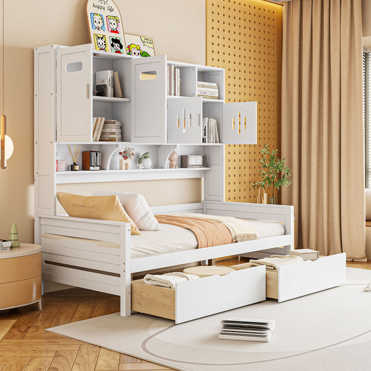 Twin Size Wooden Daybed With 2 Drawers, And All In One Cabinet And Shelf, White
