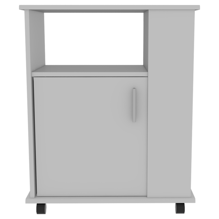 Lower Microwave Pantry 29" H, Single Door Cabinet, One Open Shelf, Three Side Shelves, White