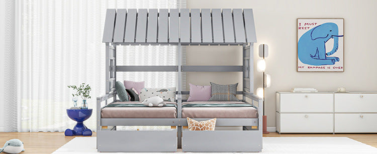 Twin Size House Platform Beds With Two Drawers For Boy And Girl Shared Beds, Combination Of 2 Side By Side Twin Size Beds, Gray