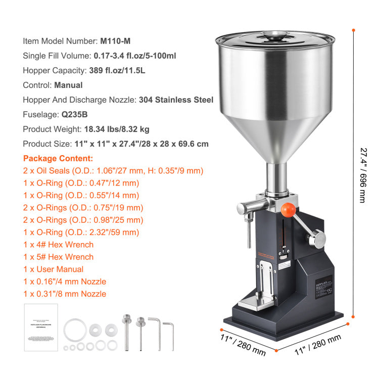 Manual Paste Liquid Filling Machine, 5 100Ml Bottle Filler, Adjustable Bottle Filling Machine, Stainless Steel Liquid Filler With Hopper For Milk Water Juice Essential Oil Shampoo Cosmetic Honey