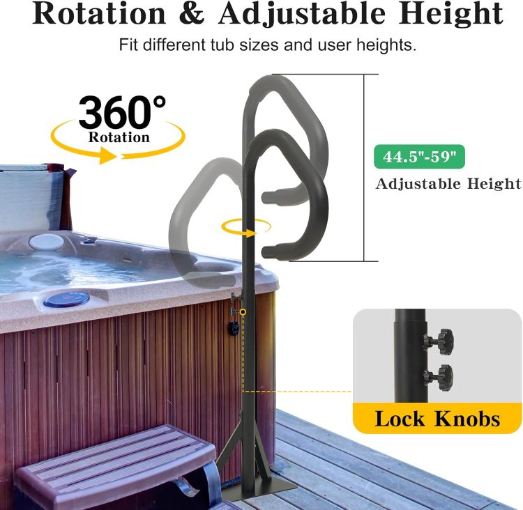 Hot Tub Handrail, Aluminum Spa Hand Rail With 44'' 60'' Adjustable Height & 360 Swivel, Safety Side Handrails With Slide Under Mount Base For Most Hot Tubs & Swim Spas, 600 Lbs Capacity