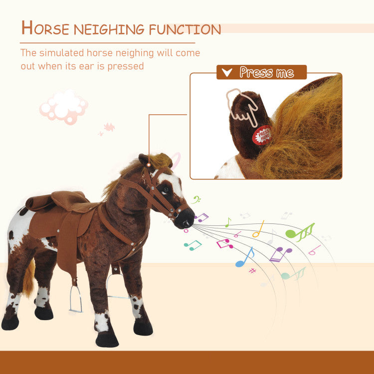 Qaba Sound Making Ride On Horse For Toddlers 3 5, With Neighing And Galloping Sound, Stuffed Animal Horse Toy For Kids With Padding, Soft Feel, Brown