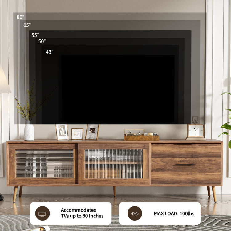 Modern Tv Stand For 75" Tv, Tv Console With 2 Glass Doors, Entertainment Center With 2 Drawers & Storage Cabinet, 70" Media Console Table For Living Room, Bedroom