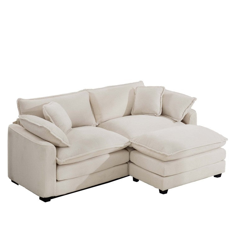 Corduroy Two Seater Sofa With 1 Footrest, L Shaped 2 Seater Sofa With Ottoman For Small Living Spaces, Light Beige Corduroy Sofa